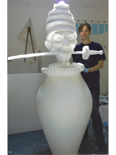 Photo - Sarah Myerscough (me) carving the thief destined for the donkey - Ali Baba 2005 - Blackpool Illuminations Gallery - © Sarah Myerscough