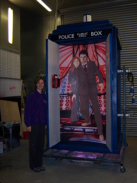 Photo - Tardis Road Feature - Sarah Myerscough (me) with completed feature showing inside doors - Dr Who 2008 - Blackpool Illuminations Gallery - © Sarah Myerscough