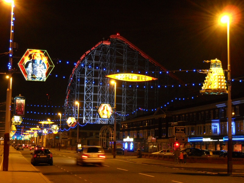 Photo - Illuminated Dr Who Section (4 of 4) - Northbound view with Pleasure Beach and Pepsi Max Big One in the background - Dr Who Davros 2009 - Blackpool Illuminations Gallery - © Sarah Myerscough
