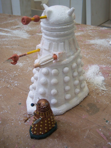 Photo - Carved Polystyrene Dalek and Toy Model (Front View) - Dr Who Maquettes 2007 - Blackpool Illuminations Gallery - © Sarah Myerscough