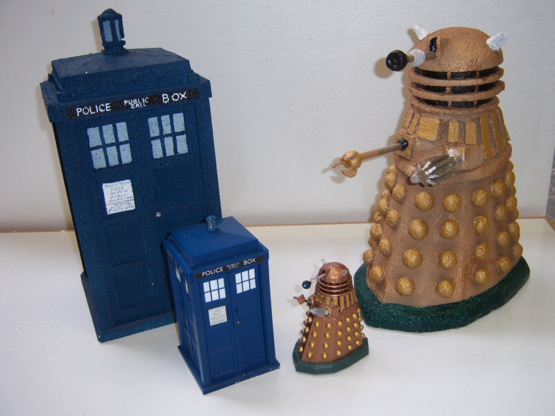 Photo - Finished painted Dalek and Tardis Maquettes with Toy Models - Dr Who Maquettes 2007 - Blackpool Illuminations Gallery - © Sarah Myerscough