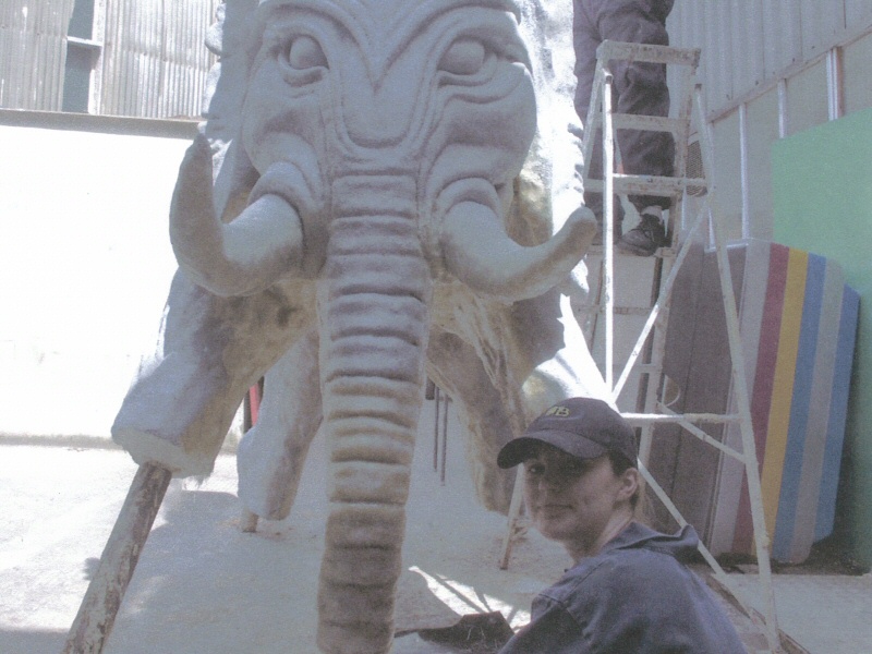 Photo - Sarah Myerscough (me) painting the trunk - Dali Style Elephant - Blackpool Pleasure Beach Gallery - © Sarah Myerscough