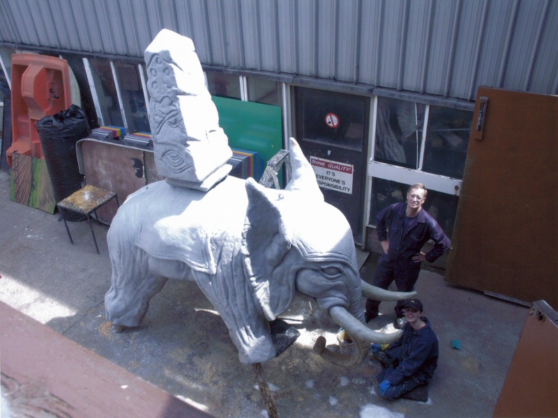 Photo - Sarah Myerscough (me) and fellow artist Doug Sills painting the nearly complete fibreglassed elephant - Dali Style Elephant - Blackpool Pleasure Beach Gallery - © Sarah Myerscough