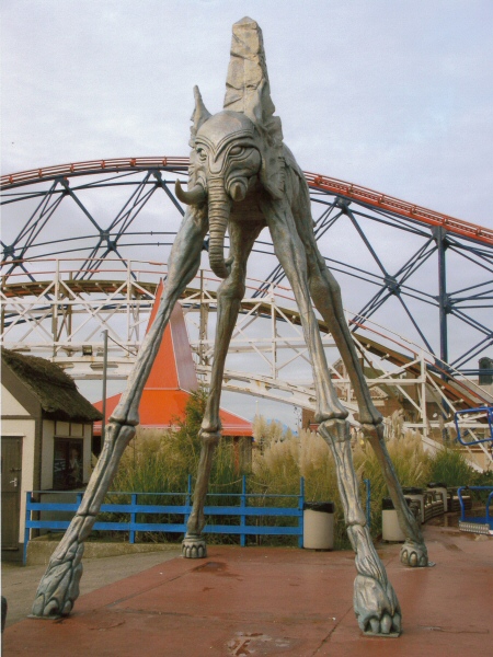 Photo - Imposing frontal view in front of the Big Dipper and Big One arches - Dali Style Elephant - Blackpool Pleasure Beach Gallery - © Sarah Myerscough