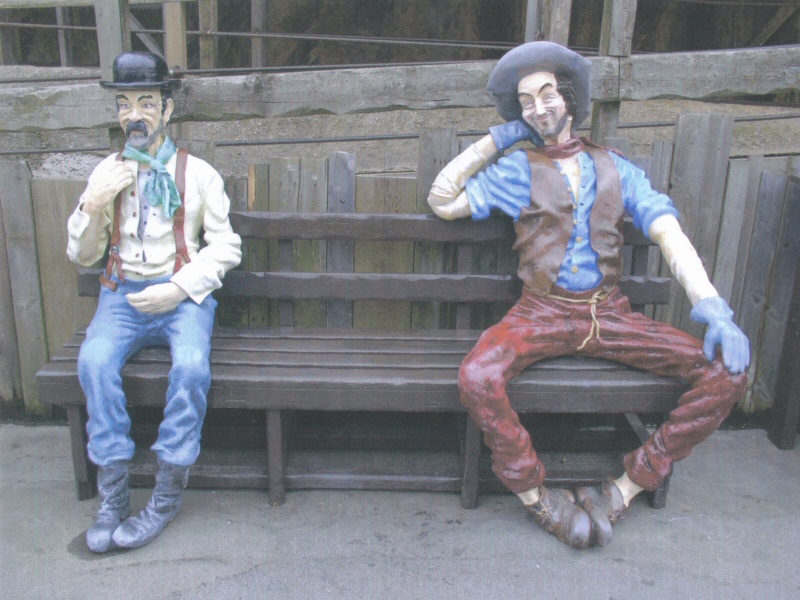 Photo - Prospector characters on a bench outside the Gold Mine ride - Various Repair and Repaint Jobs - Blackpool Pleasure Beach Gallery - © Sarah Myerscough