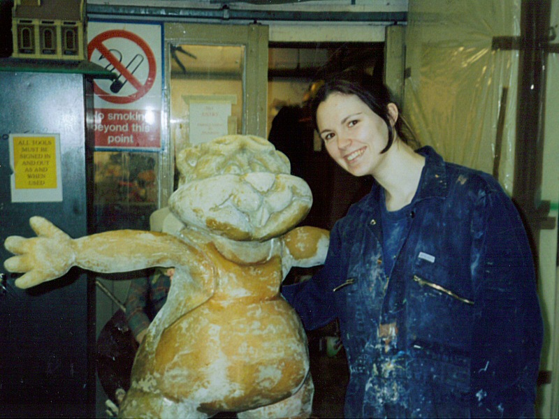 Photo - Sarah Myerscough (me) with fibreglassed character ready for painting - Wing Walker (Helicoptor Ride) - Blackpool Pleasure Beach Gallery - © Sarah Myerscough