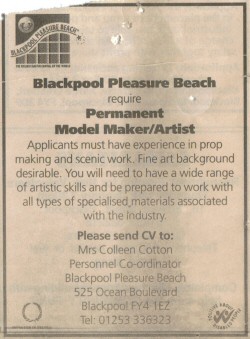 Photo - Advert for Model Maker post at Blackpool Pleasure Beach