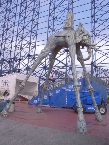 Photo - Finished product erected with leg joints fibreglassed and painted - Dali Style Elephant - blackpool pleasure beach gallery - © Sarah Myerscough