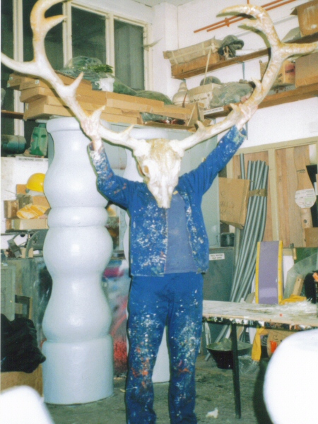 Photo - Sarah Myerscough (me) demonstrating the completed fibreglass deer skull and antlers - Heidi Strasse Revamp - blackpool pleasure beach gallery - © Sarah Myerscough